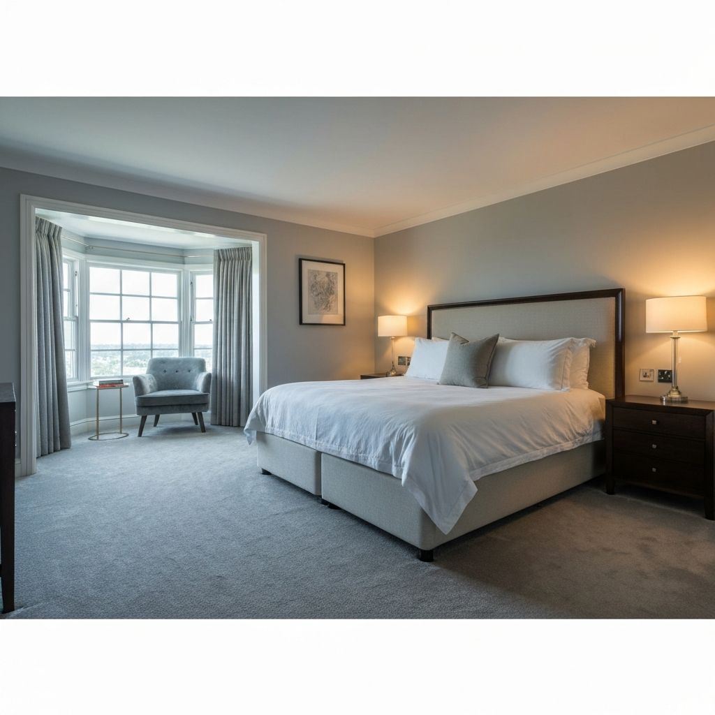 Soft gray carpet in elegant master bedroom