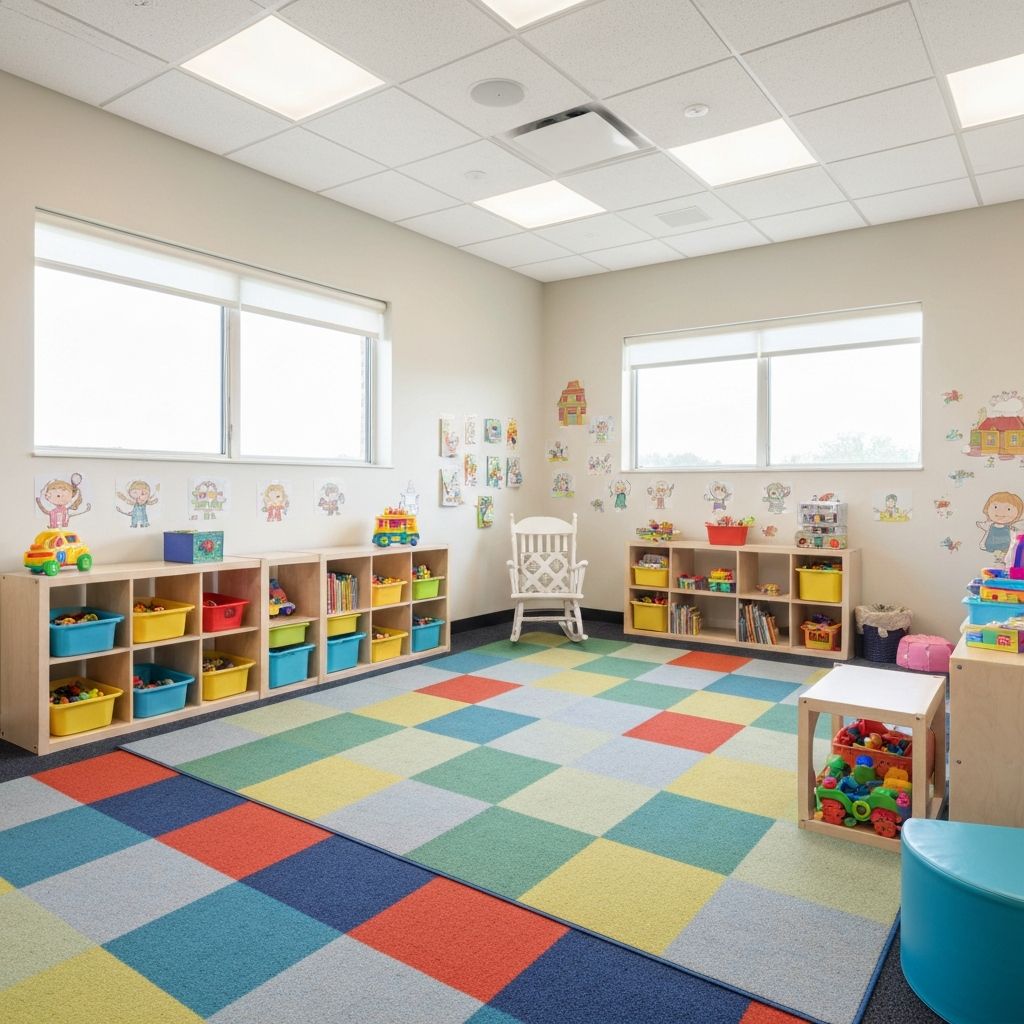 Colorful carpet in child-friendly playroom