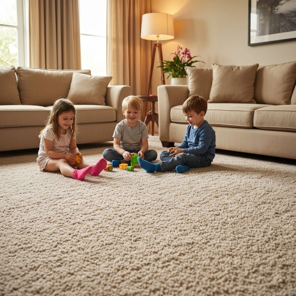 Children playing on soft neutral carpet in a cozy family home