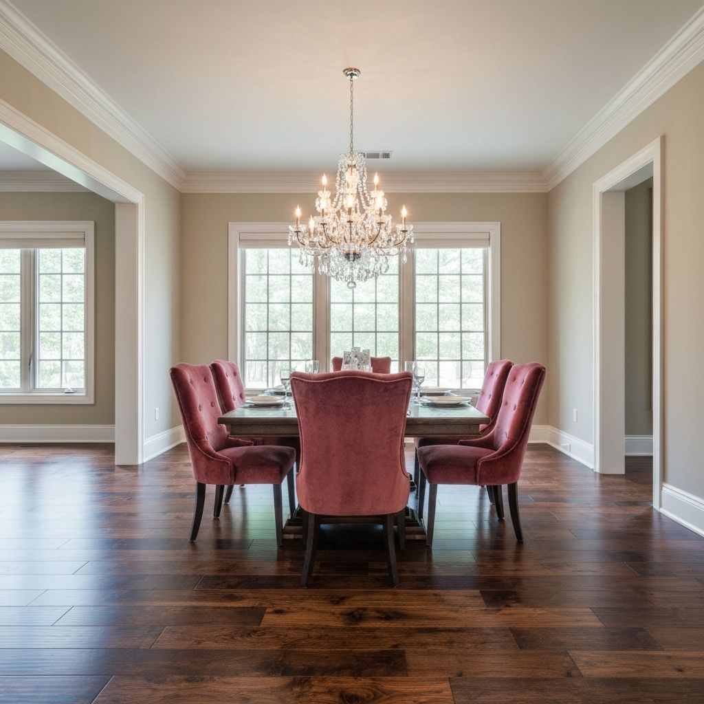Rich walnut hardwood flooring in formal dining room