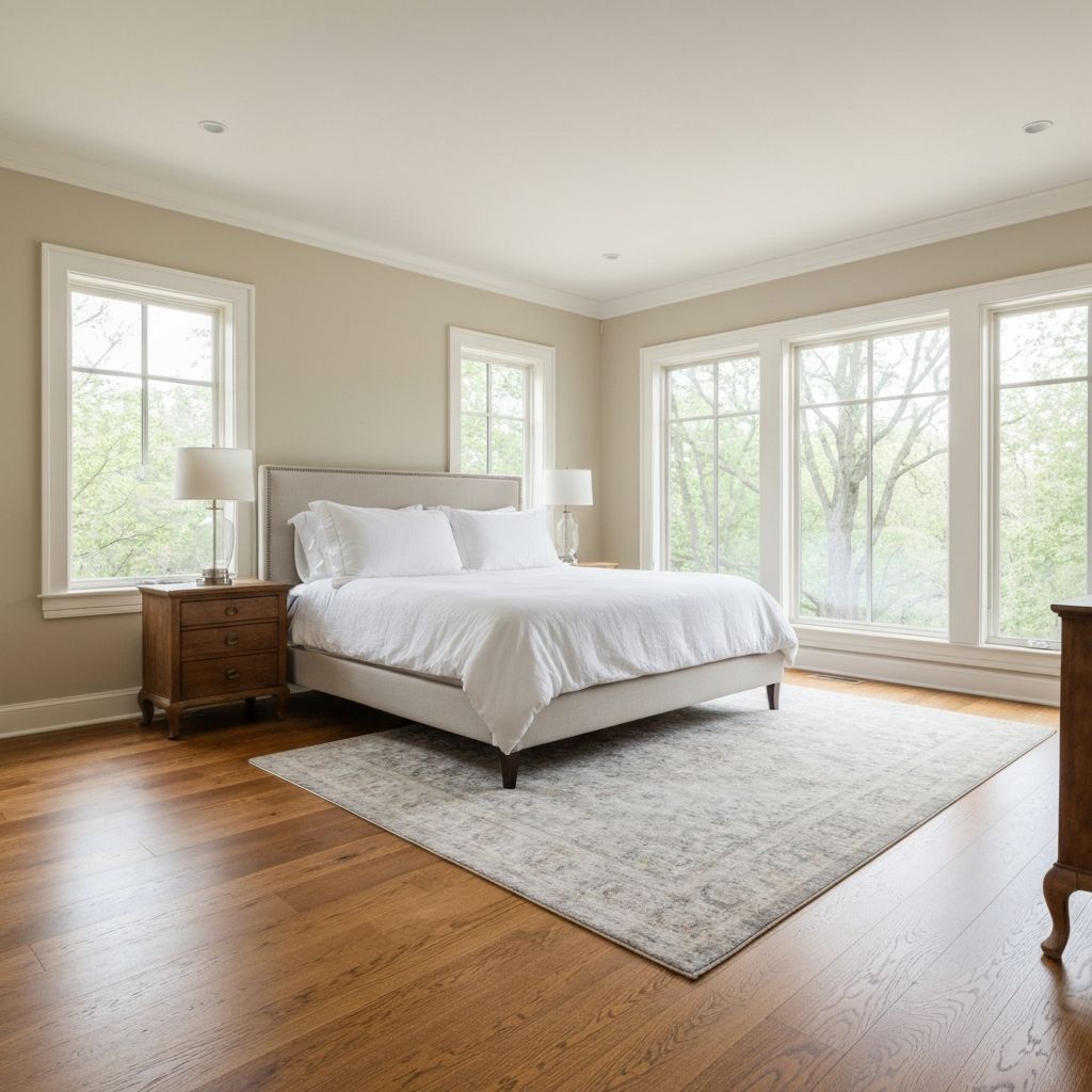 Warm oak hardwood flooring in master bedroom