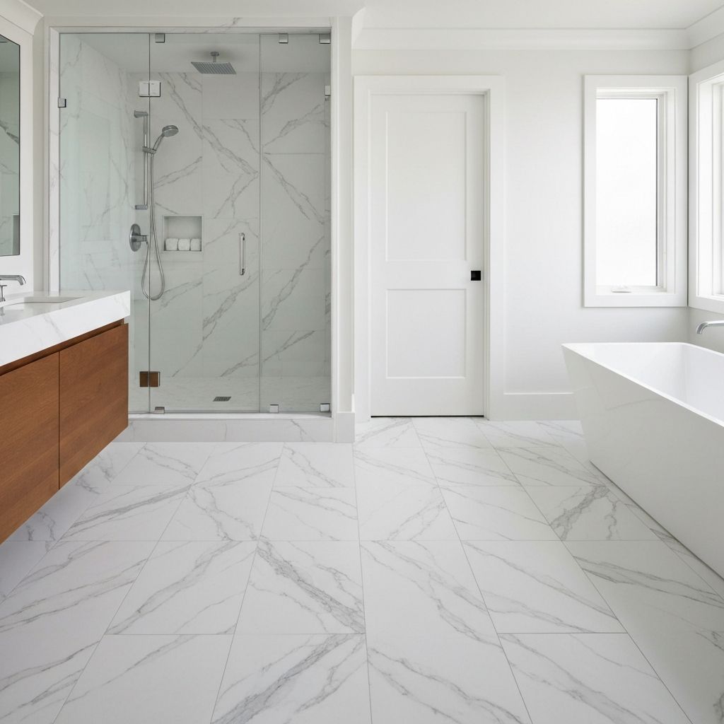 Luxury vinyl tile with marble pattern in elegant bathroom