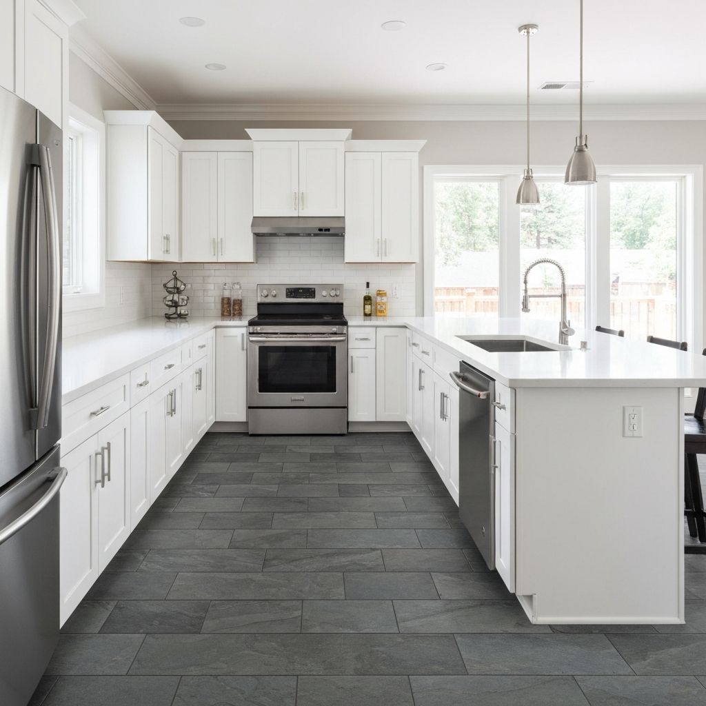 LVT flooring with slate gray stone pattern in modern kitchen