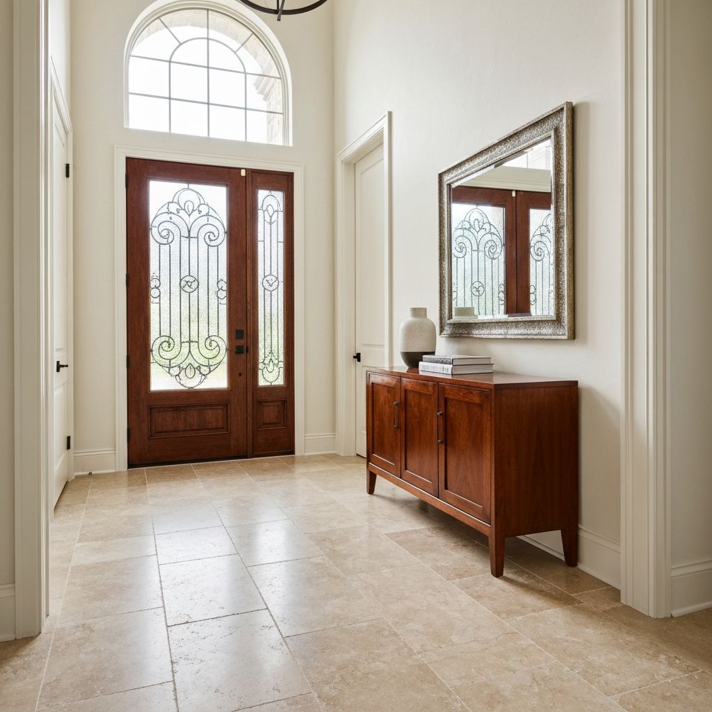 Travertine-look luxury vinyl tile in foyer entryway