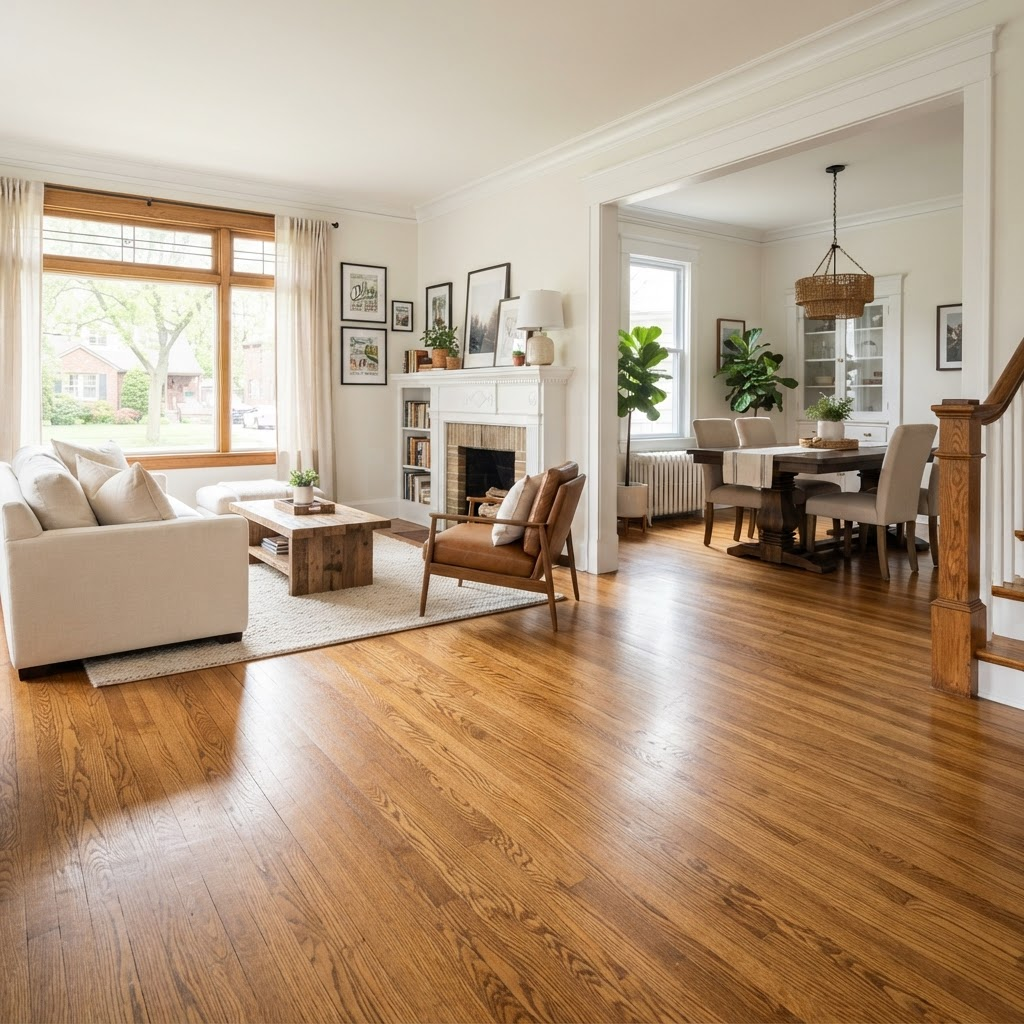 Richly refinished honey-oak hardwood flooring in a bright Olmsted Falls, Ohio living and dining area
