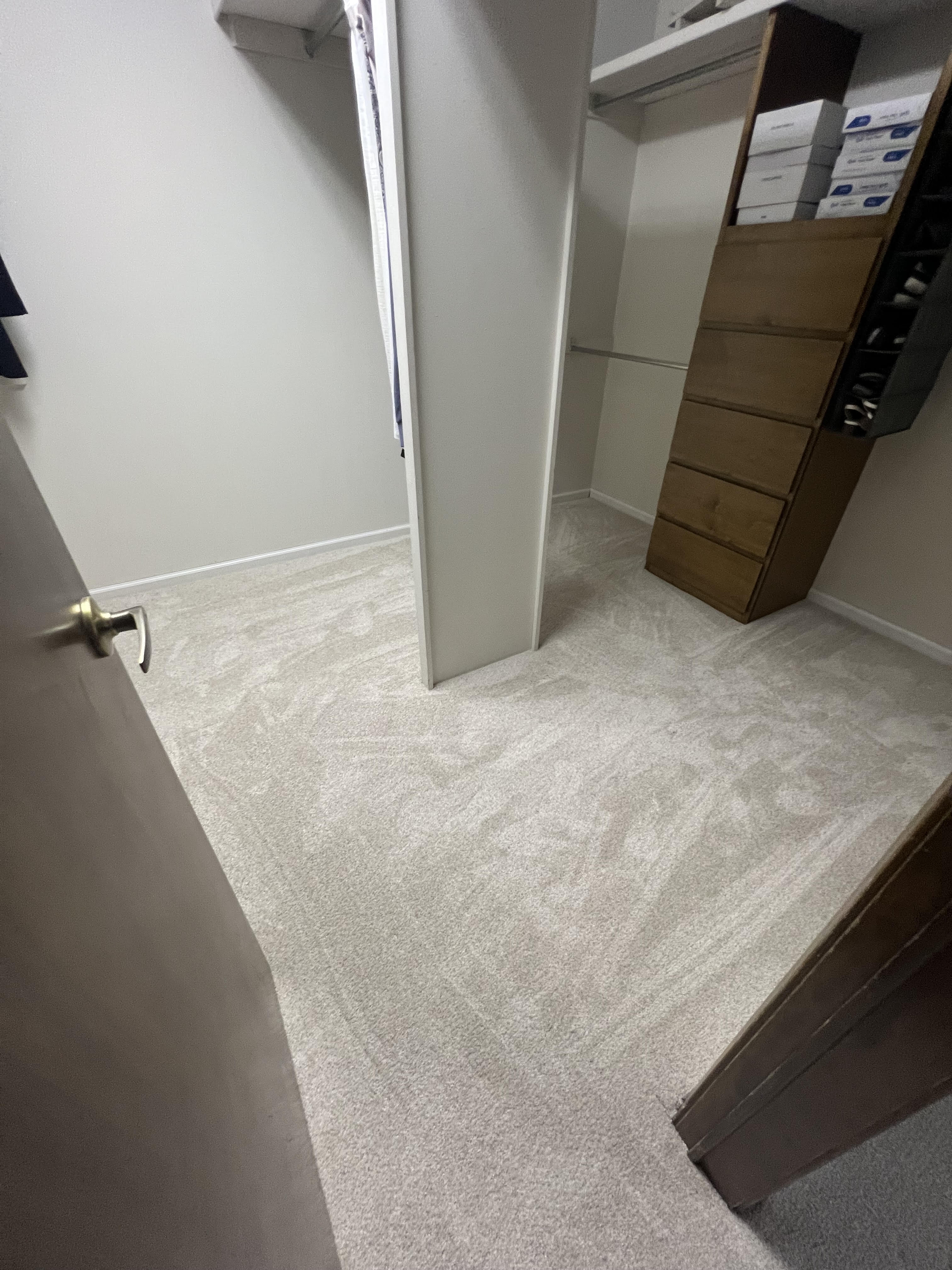 Soft beige carpet installed in a Strongsville walk-in closet
